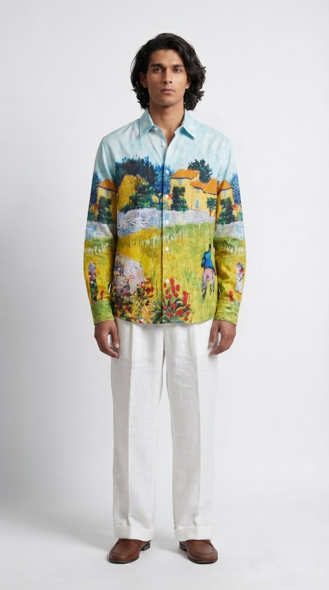 Farmhouse in Provence Shirt Men | Cotton | Linen | Blue - Naymish Designs