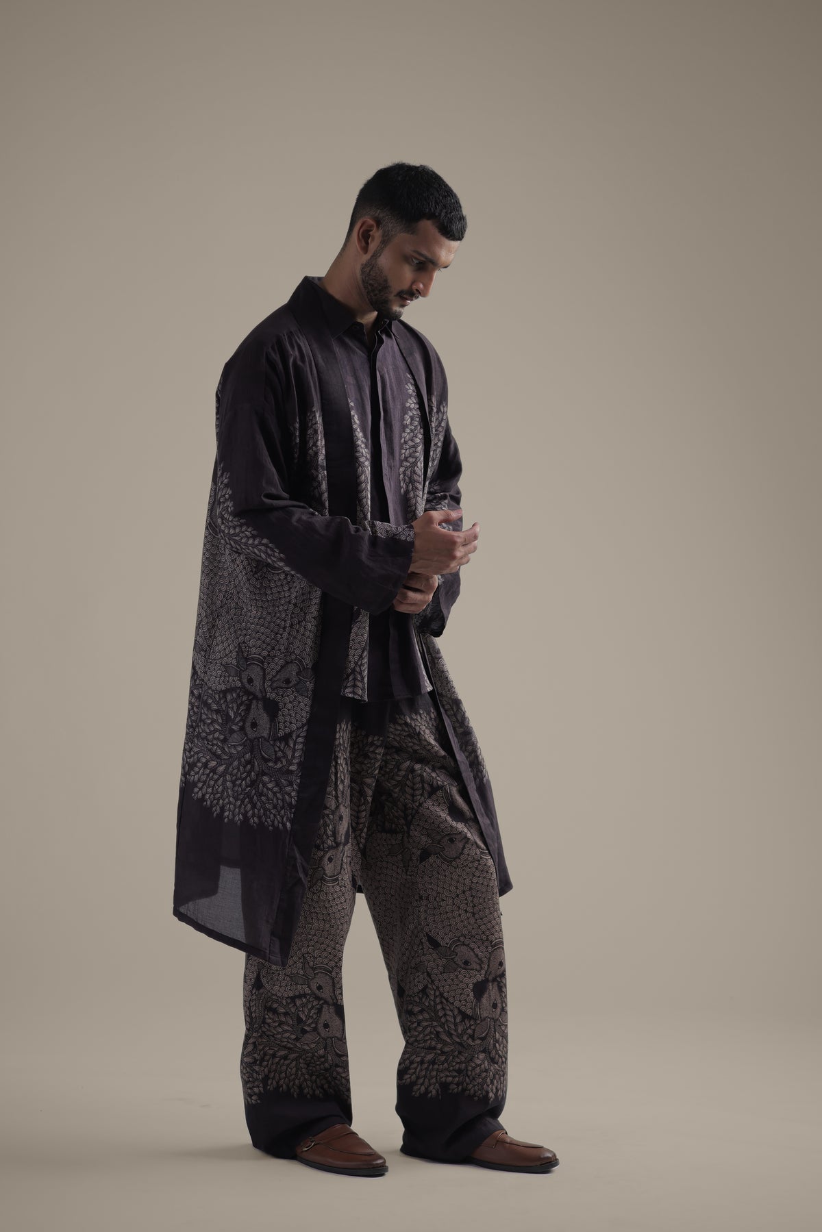 Gond Tree of Life Robe Set - Men - Brown - Giza Cotton