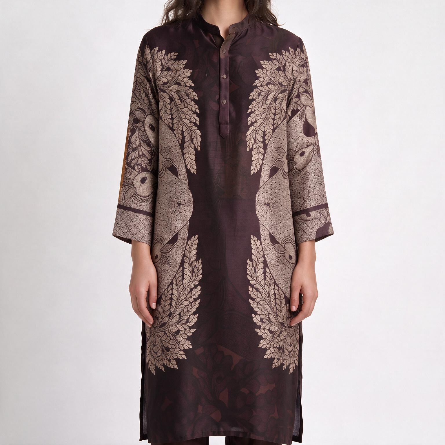 Gond Life Women Kurta Brown 3 quarter sleeves