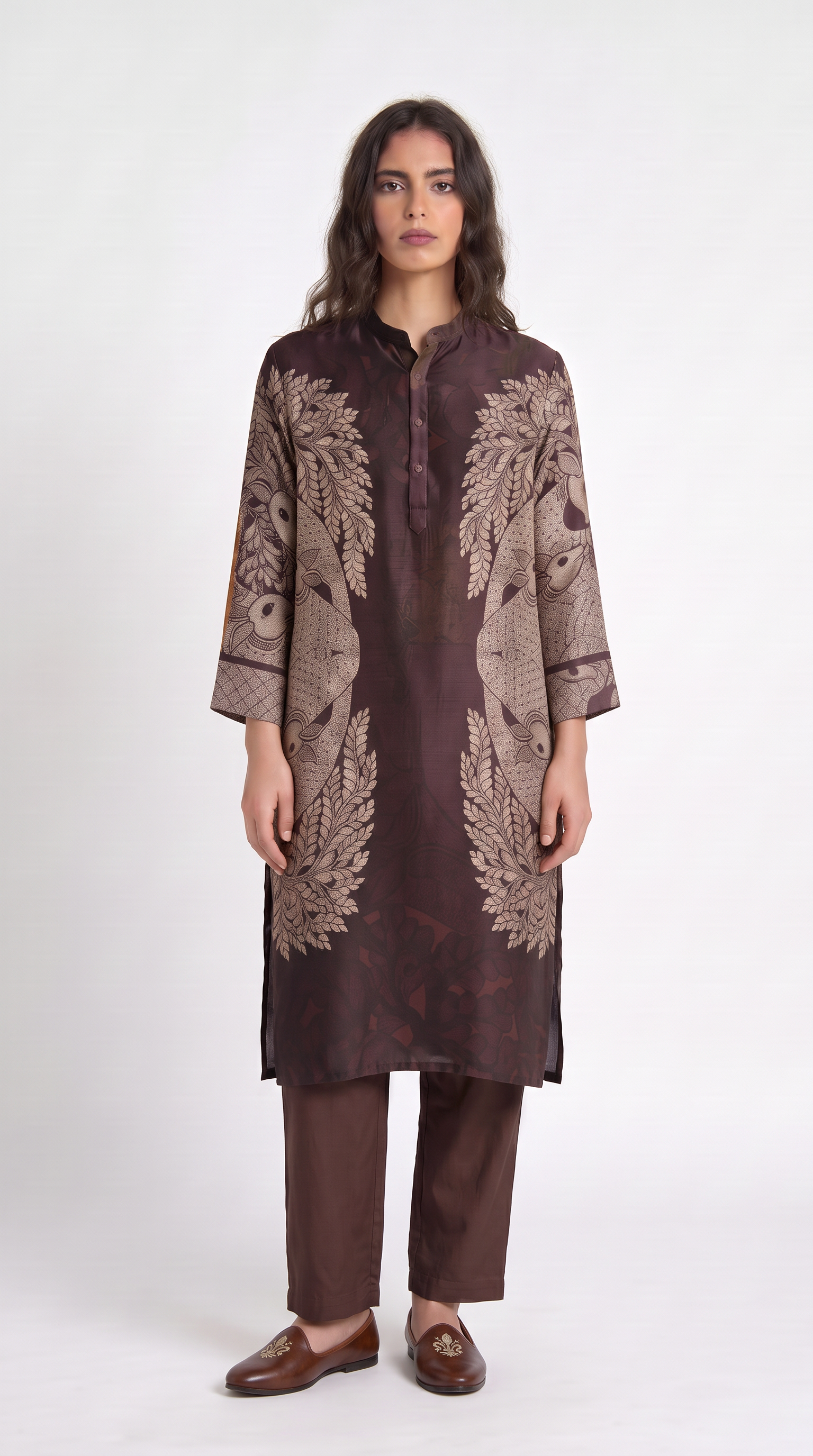 Gond Life Women Kurta Brown 3 quarter sleeves