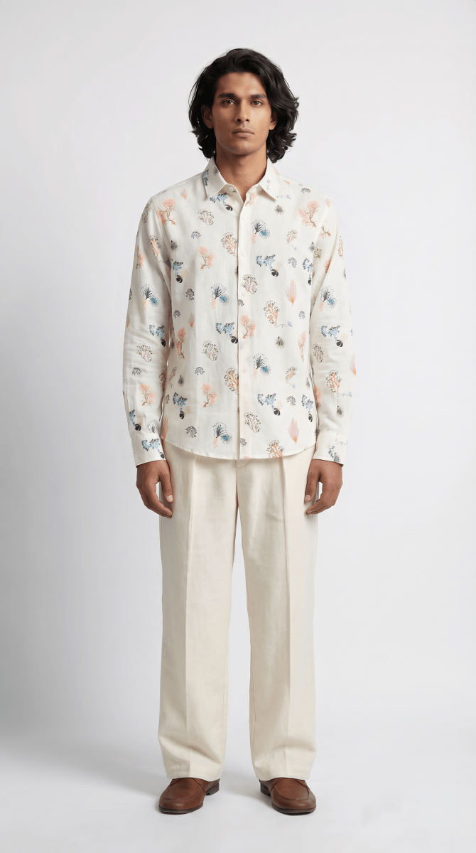 Marine Life Coral Shirt Men - White Available in Cotton and Linen - Naymish Designs
