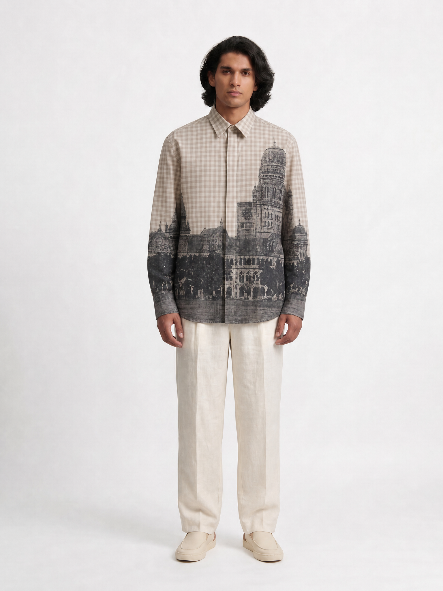 Mumbai Shirt Men - Cotton - Vintage - Beige - Check