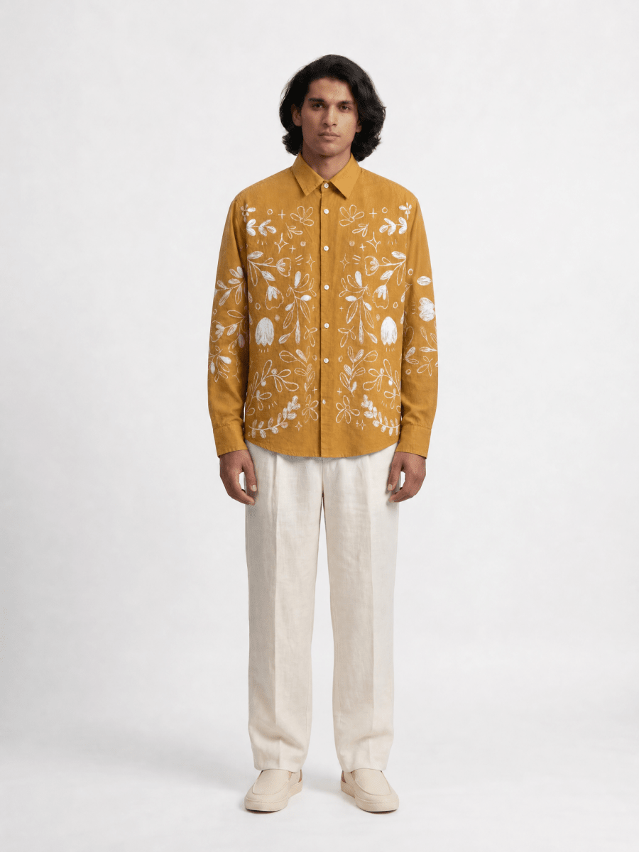 Naymish Cotton Men Shirt — Flowerchild Full Sleeve — Yellow — Signature Wear - Naymish Designs