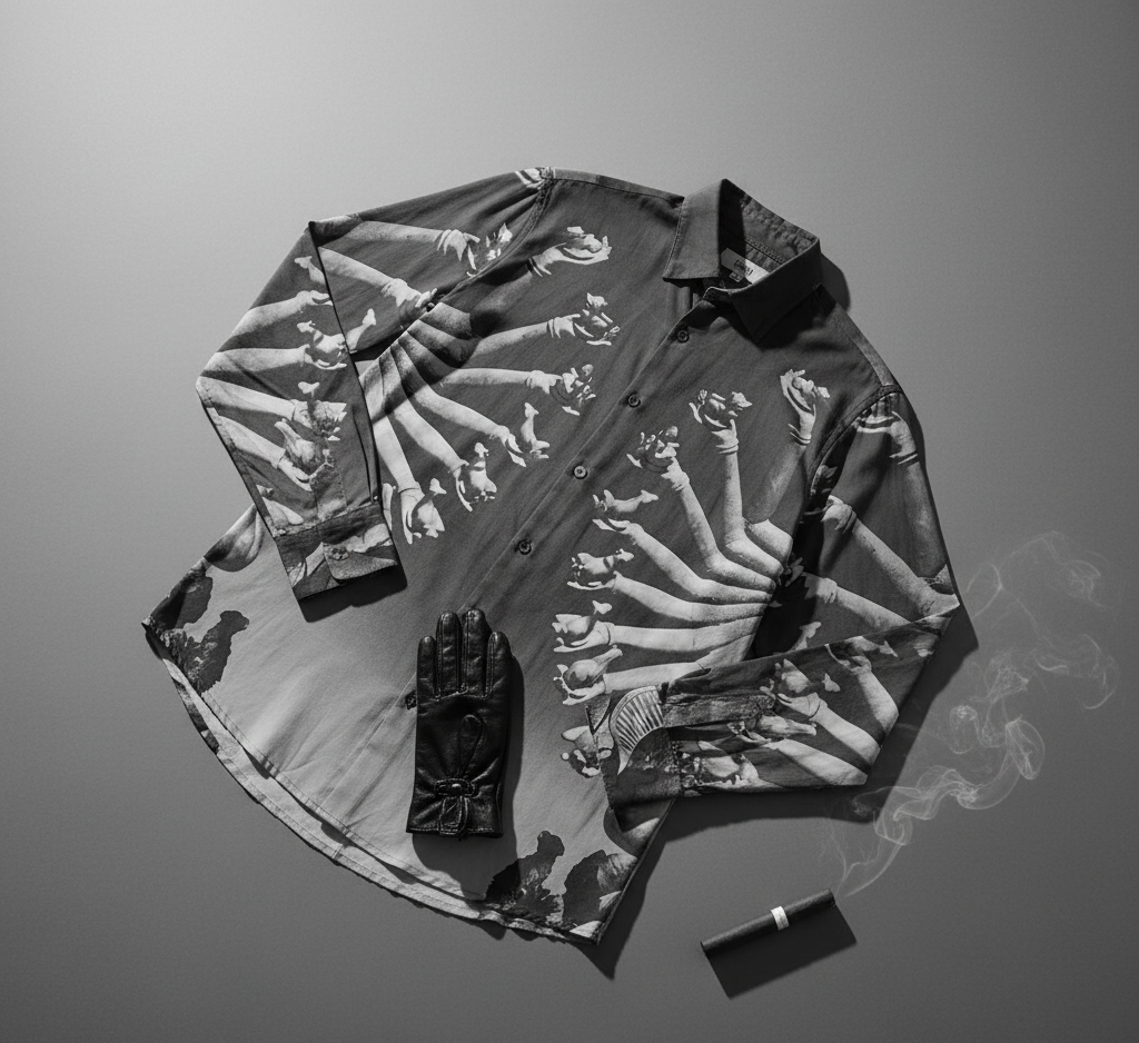 Gray shirt with black and white pattern, black glove, and black lighter on a gray background