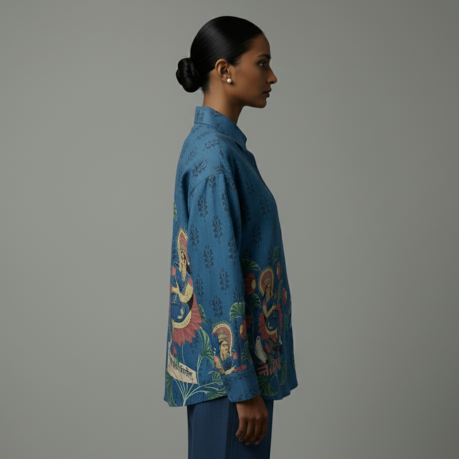 Woman wearing a blue patterned blouse against a gray background