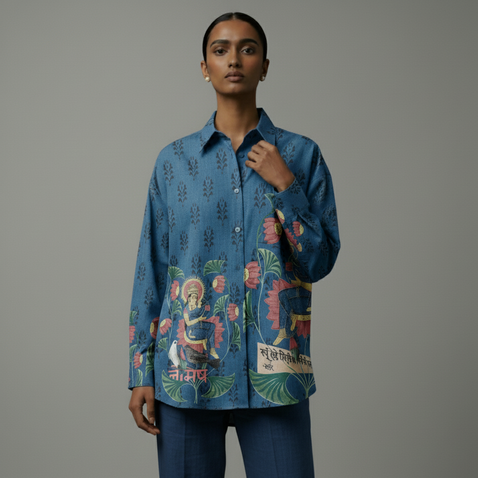 Bharat Montage Blue Indian Print Shirts for Women