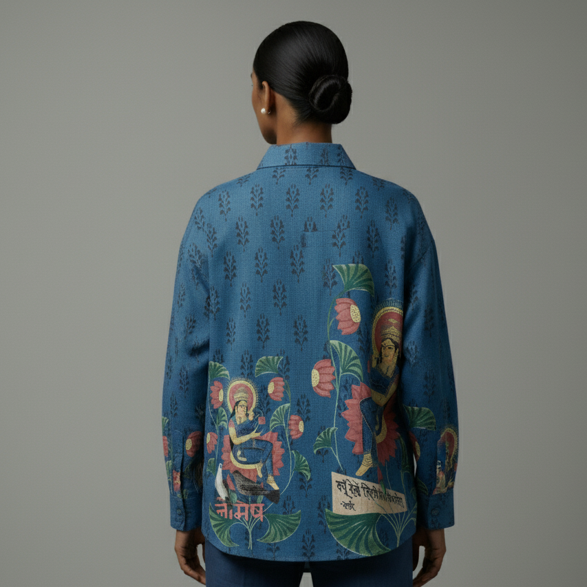 Person wearing a blue embroidered shirt with intricate designs on a gray background