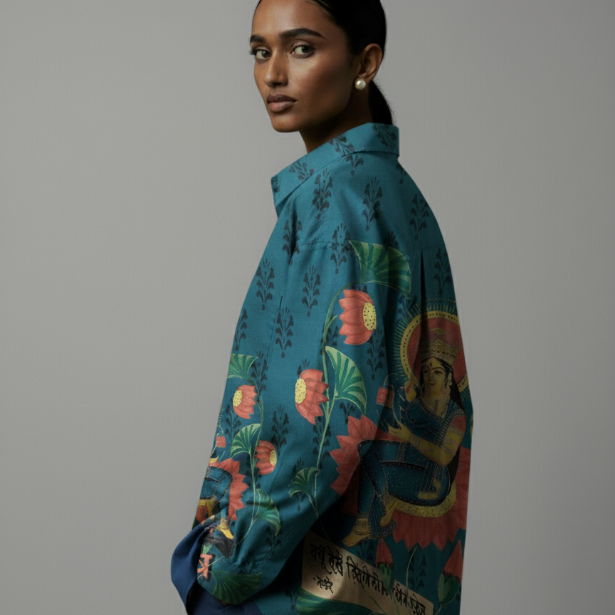 Woman wearing a colorful patterned shirt with a gray background