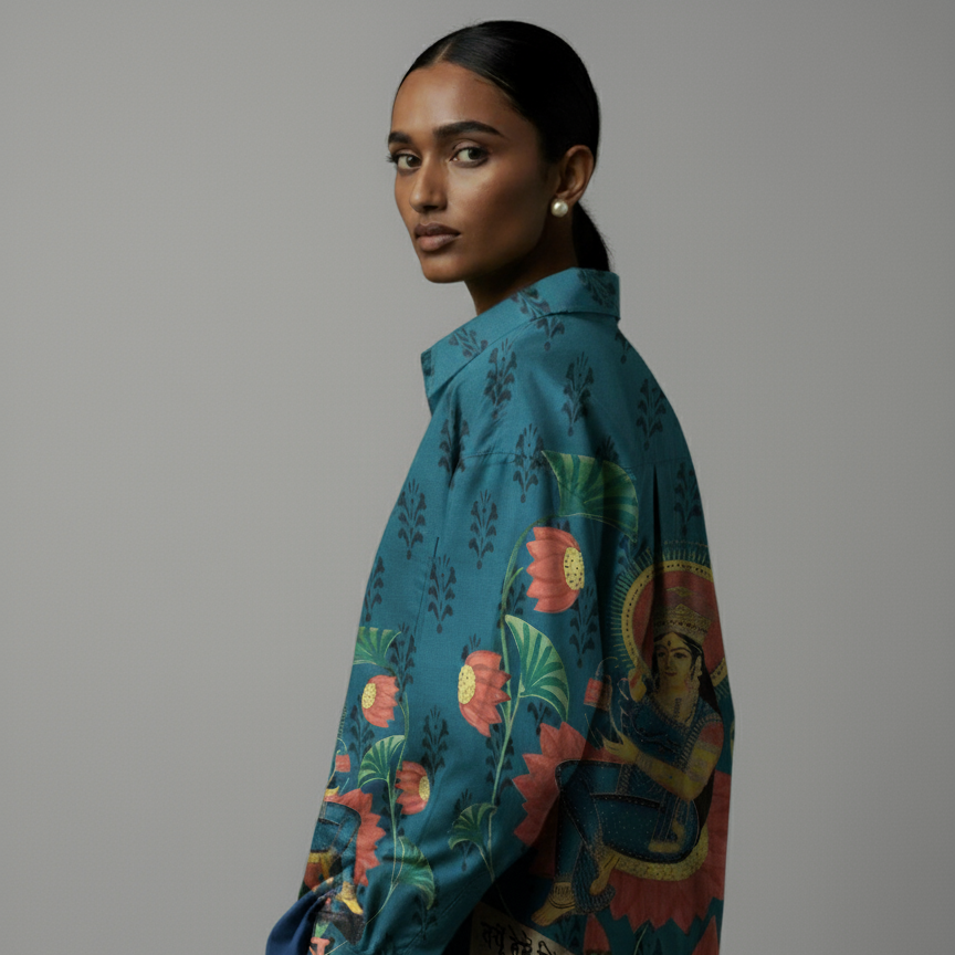 Bharat Montage Blue Indian Print Shirts for Women