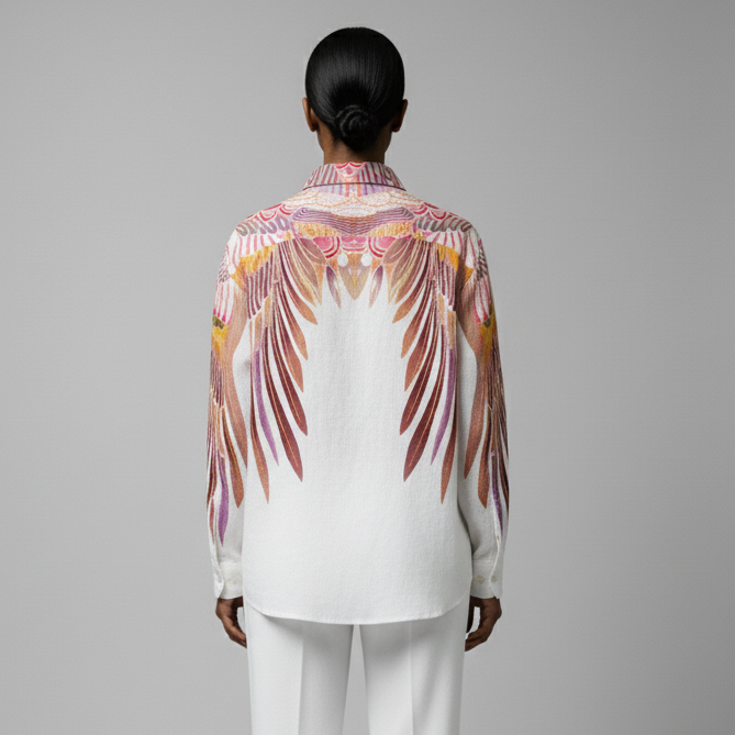 Person wearing a colorful patterned blouse over a white shirt with white pants on a gray background