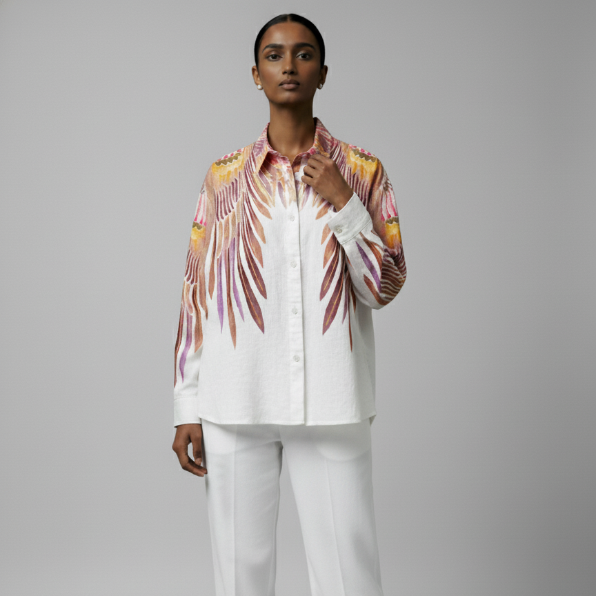 Person wearing a patterned shirt and white pants on a gray background