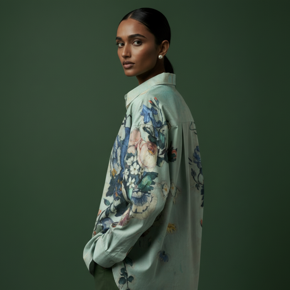 Woman wearing a light blue floral jacket against a dark green background