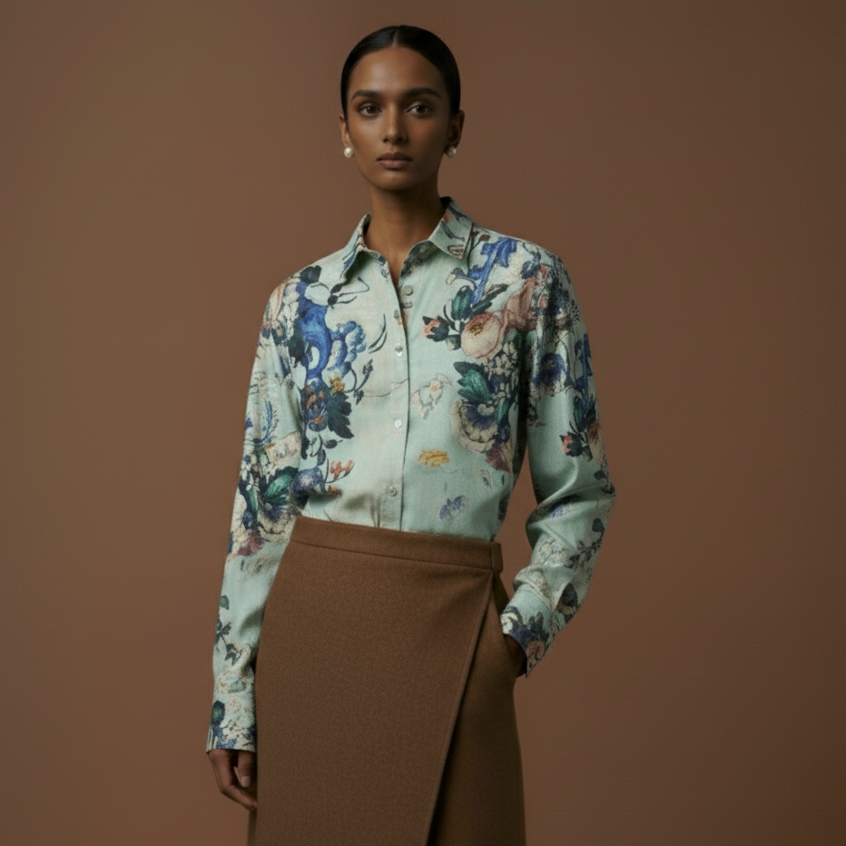 Woman wearing a floral blouse and brown skirt against a brown background