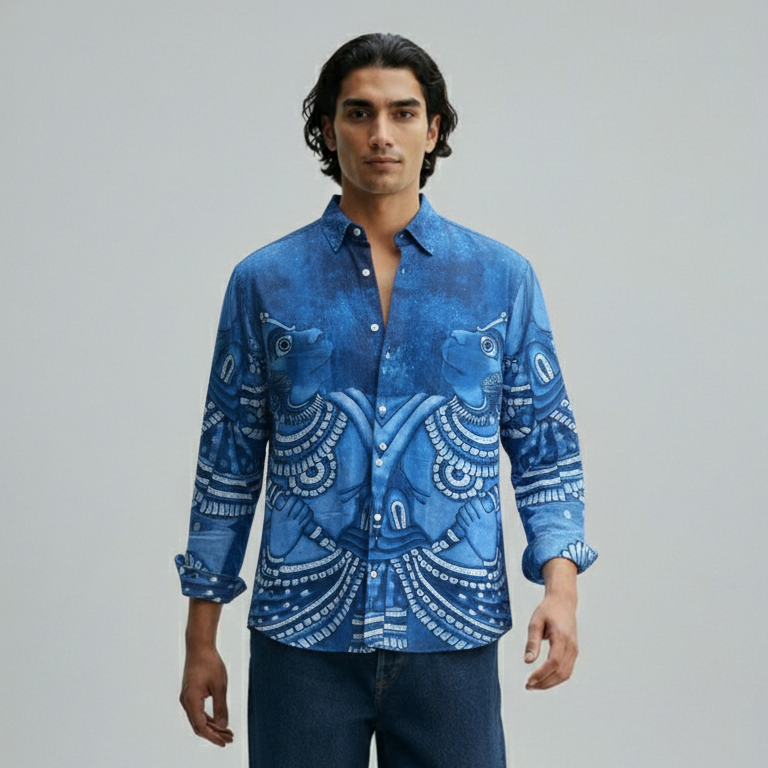 Man wearing a blue patterned shirt and dark pants on a gray background