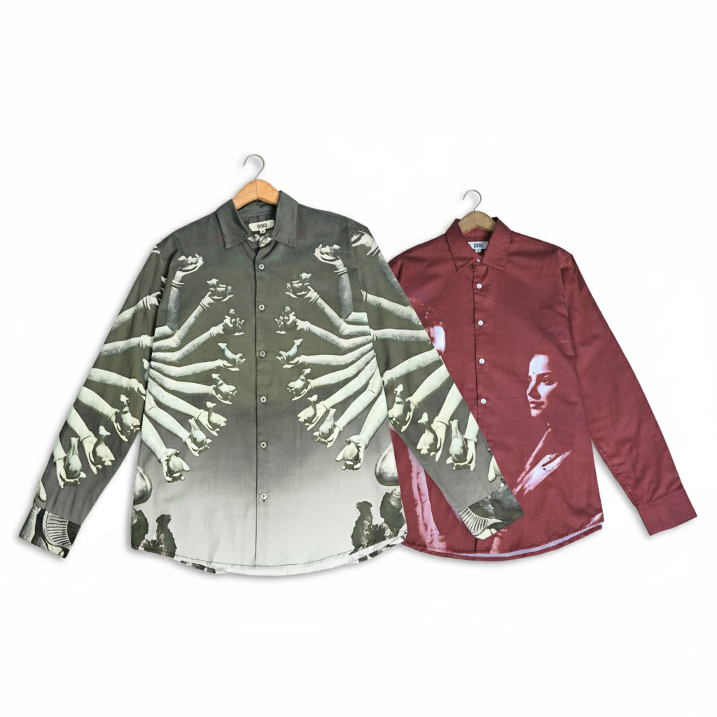 Two button-up shirts on hangers with unique designs.