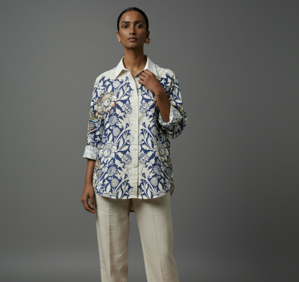 Woman wearing a blue and white patterned shirt with beige pants on a gray background