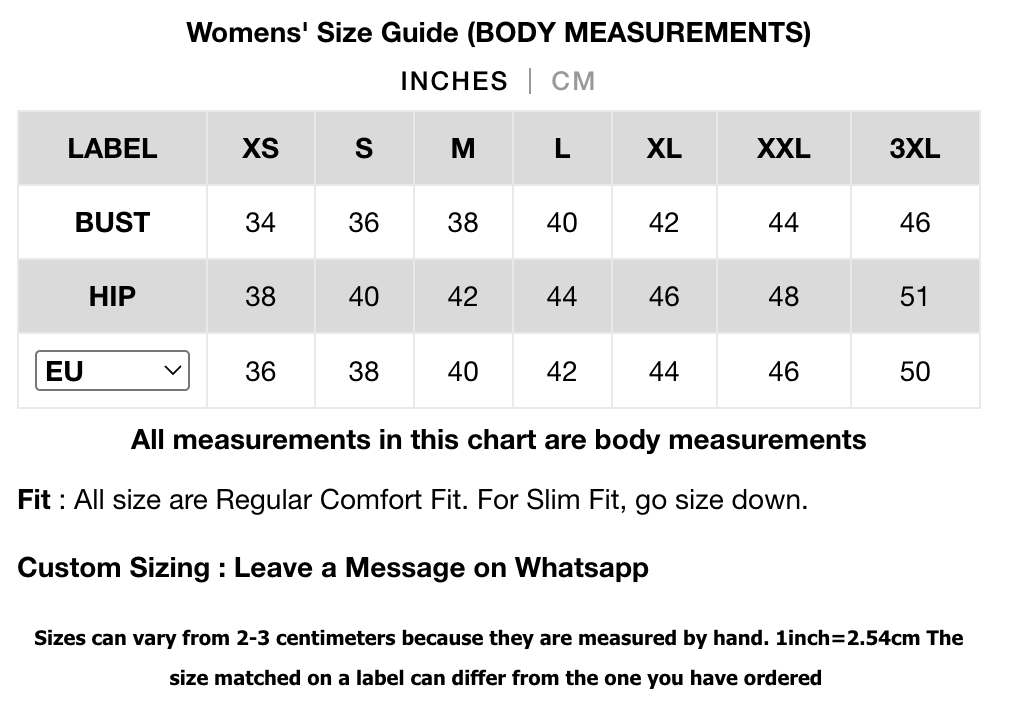 Womens' size guide chart for body measurements in inches