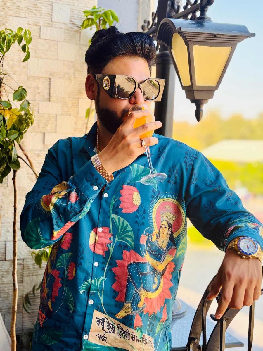 Bharat Montage - Blue | Luxury Designer Shirt | Soft Cotton or Pure Linen | Partywear shirt for Men - Naymish Designs