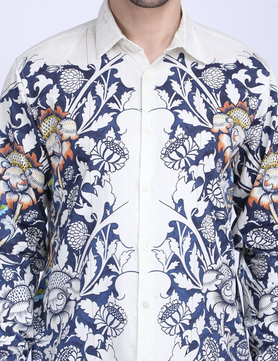 Blue floral printed white Shirts for Men - "Unfinished" shirt Available in Cotton and Linen - Naymish Designs