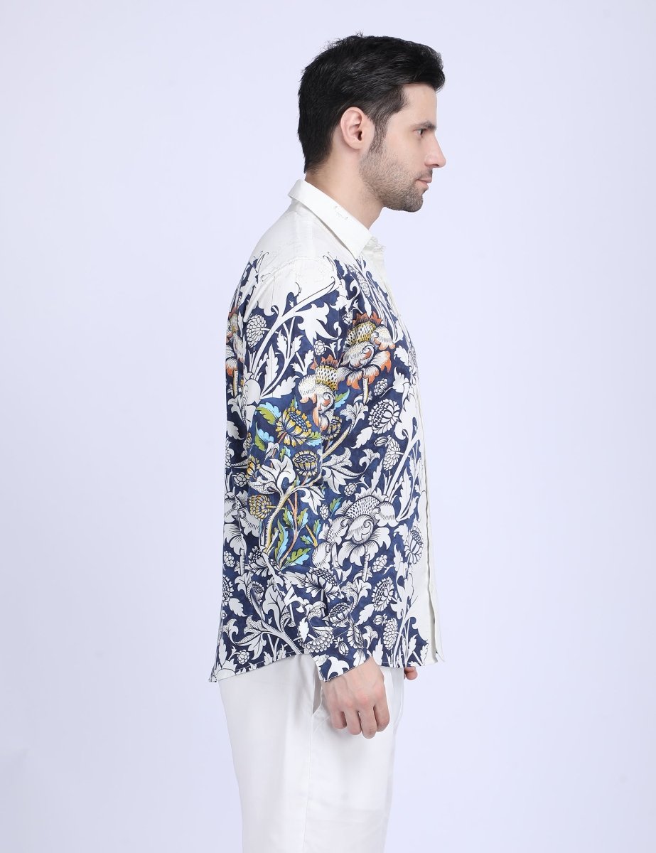 Blue floral printed white Shirts for Men - "Unfinished" shirt Available in Cotton and Linen - Naymish Designs