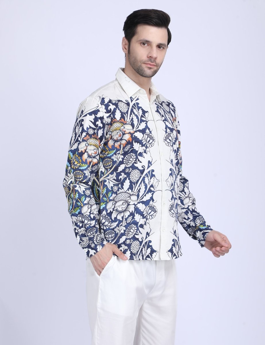 Blue floral printed white Shirts for Men - "Unfinished" shirt Available in Cotton and Linen - Naymish Designs