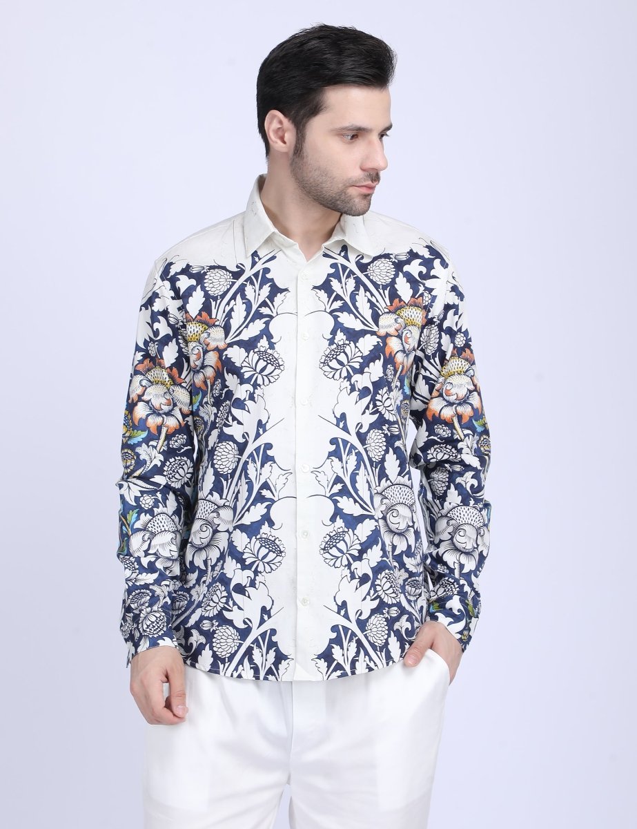 Blue floral printed white Shirts for Men - "Unfinished" shirt Available in Cotton and Linen - Naymish Designs