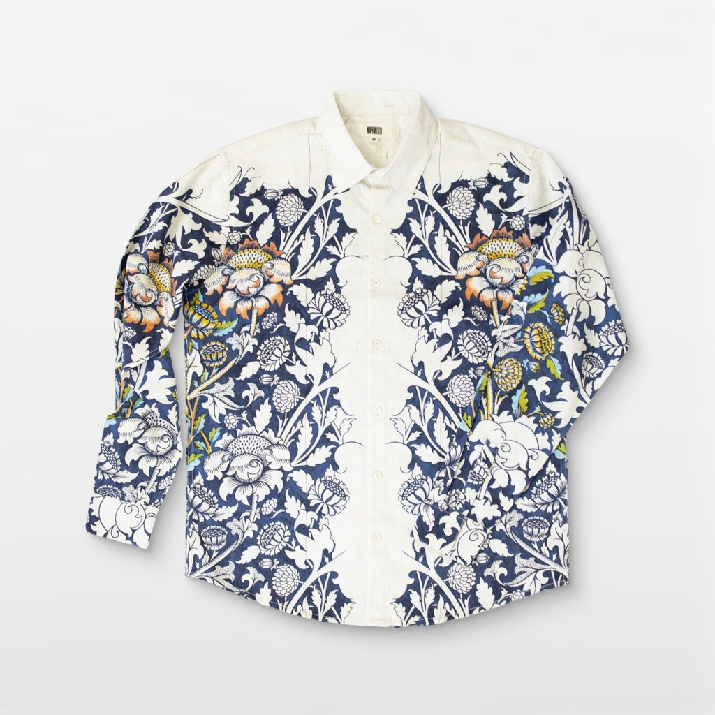 Blue floral printed white Shirts for Men - "Unfinished" shirt Available in Cotton and Linen - Naymish Designs