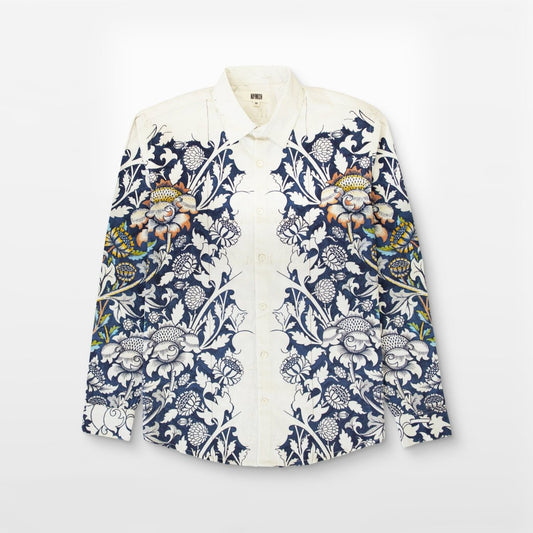 Blue floral printed white Shirts for Men - "Unfinished" shirt Available in Cotton and Linen - Naymish Designs