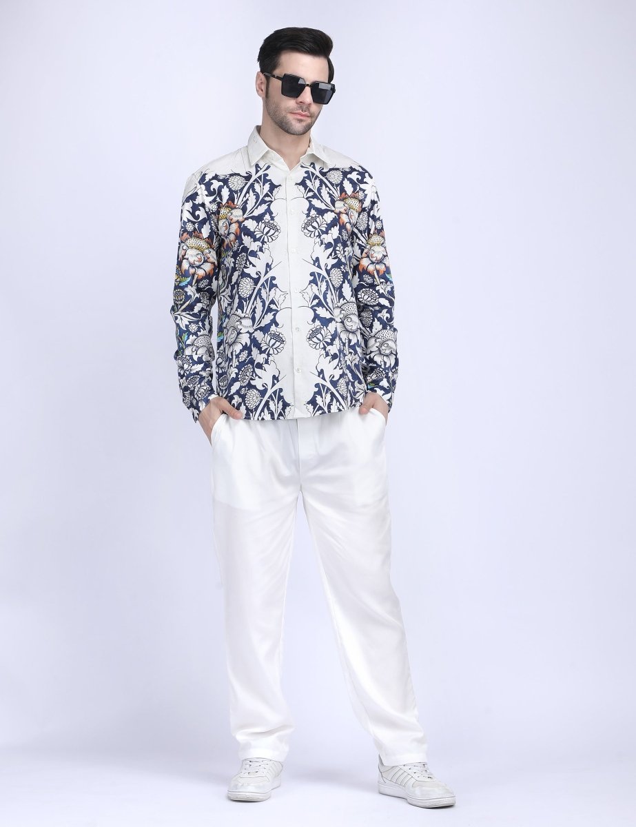 Blue floral printed white Shirts for Men - "Unfinished" shirt Available in Cotton and Linen - Naymish Designs