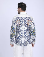 Blue floral printed white Shirts for Men - "Unfinished" shirt Available in Cotton and Linen - Naymish Designs