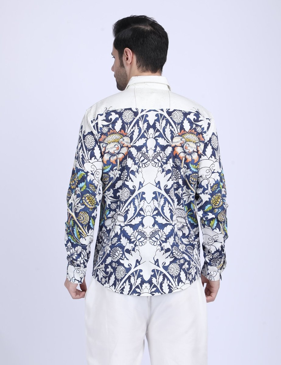 Blue floral printed white Shirts for Men - "Unfinished" shirt Available in Cotton and Linen - Naymish Designs