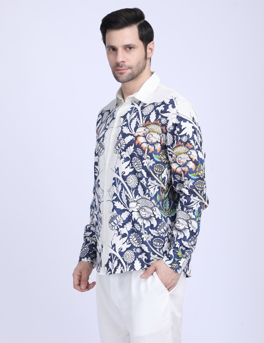 Blue floral printed white Shirts for Men - "Unfinished" shirt Available in Cotton and Linen - Naymish Designs