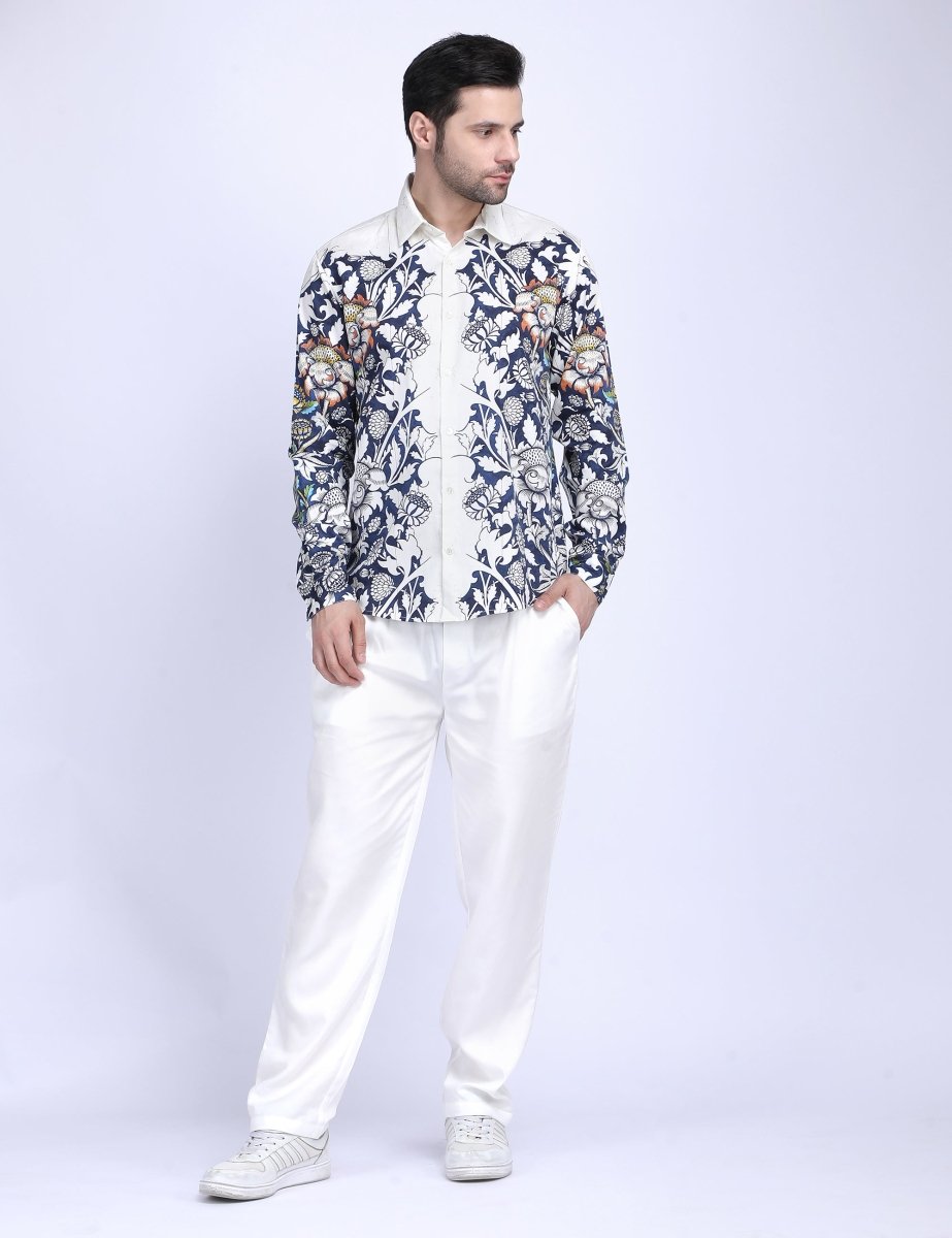Blue floral printed white Shirts for Men - "Unfinished" shirt Available in Cotton and Linen - Naymish Designs