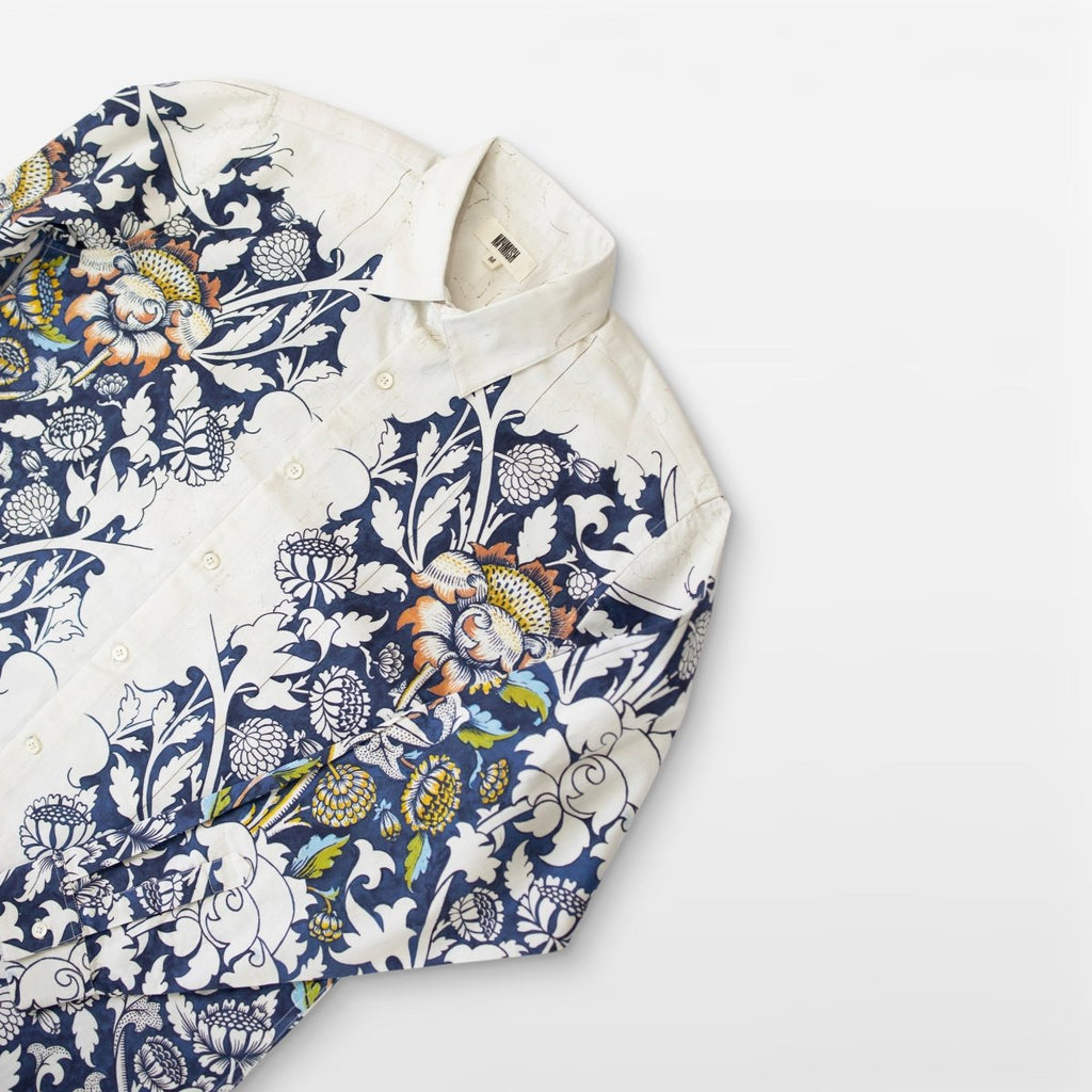 Blue floral printed white Shirts for Men - "Unfinished" shirt Available in Cotton and Linen - Naymish Designs