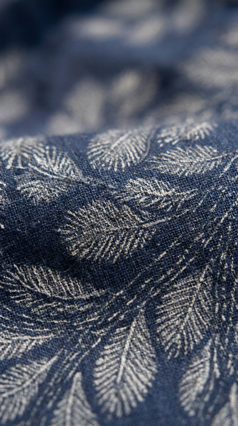 Gond Leaf blue fabric close-up