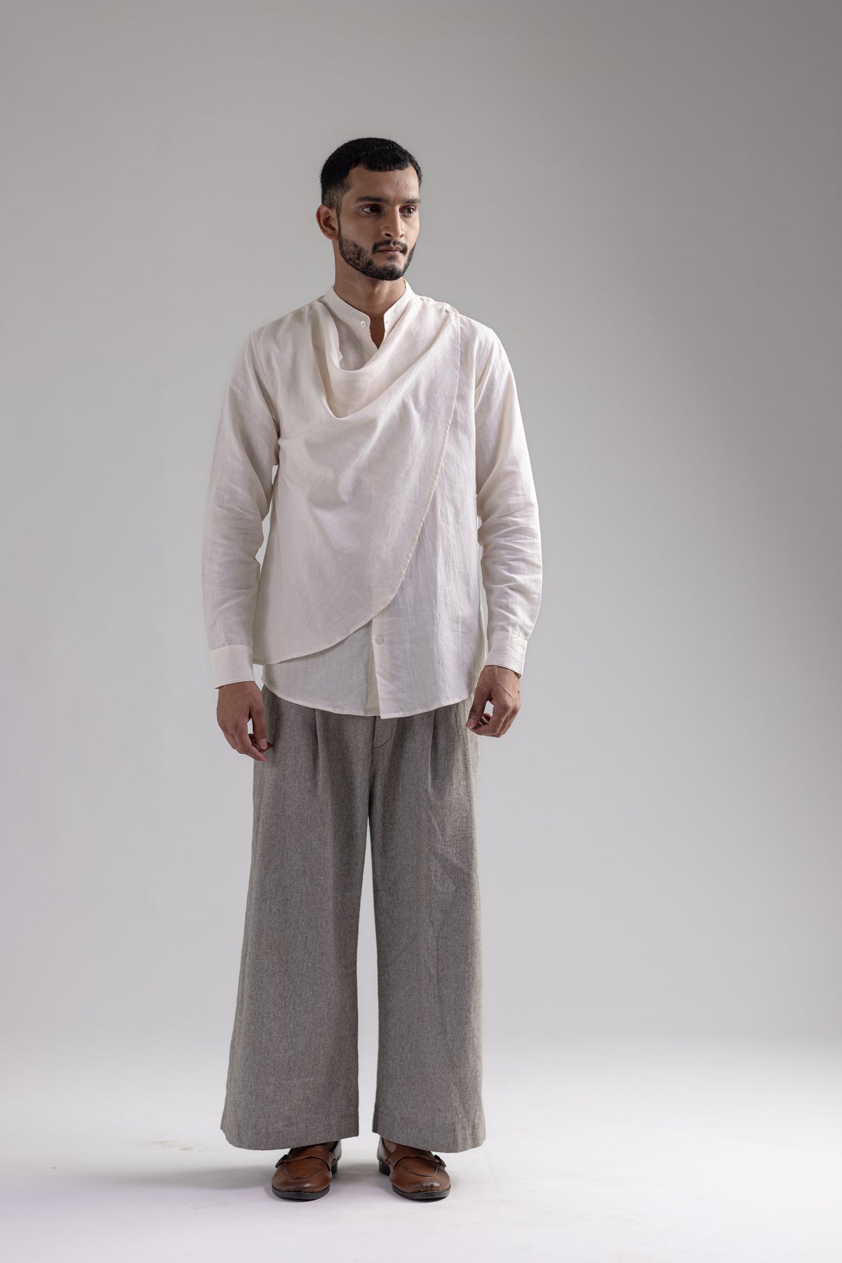Cowl Shirt - Men - White - Cotton Linen, front 01