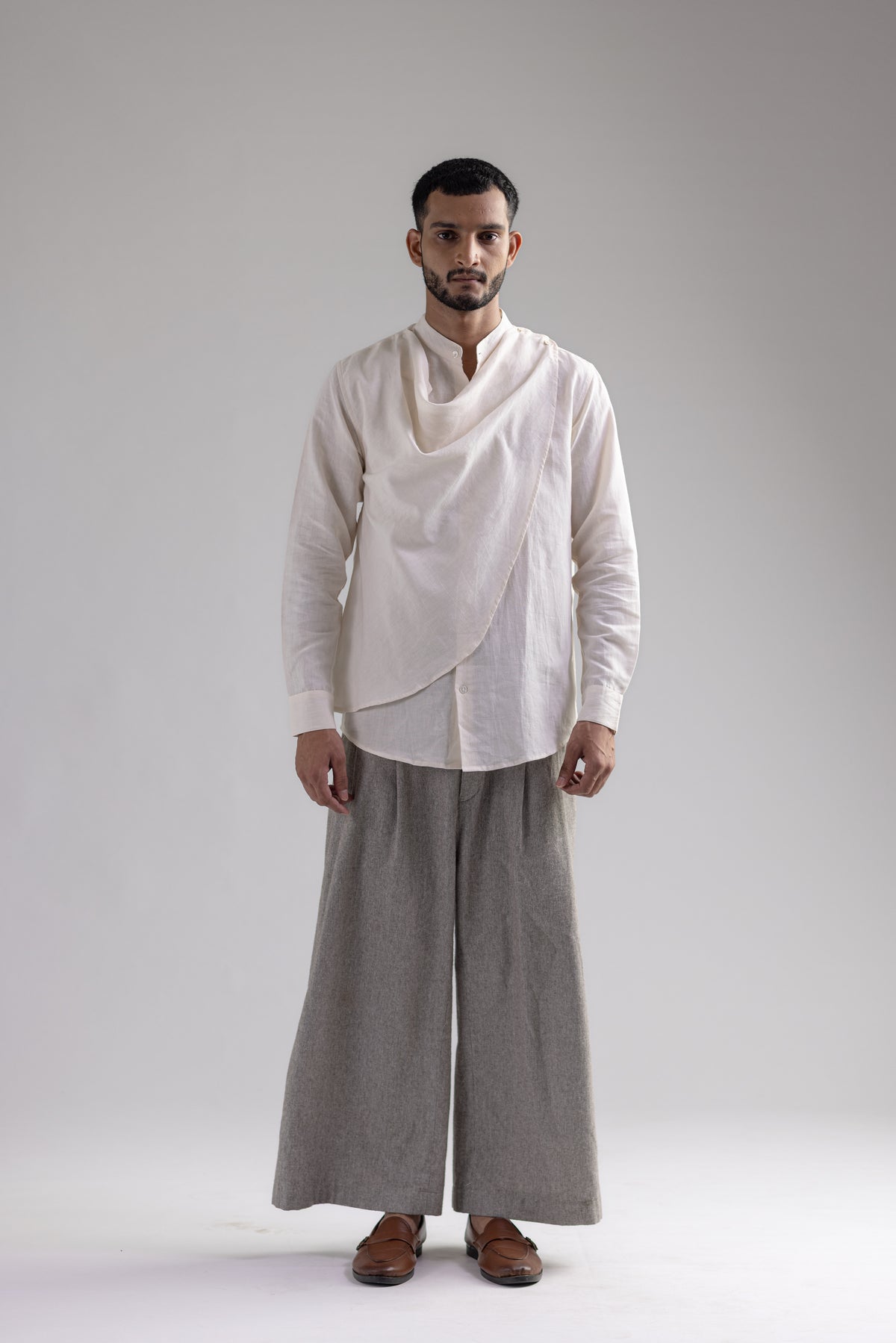 Cowl Shirt - Men - White - Cotton Linen, front 02