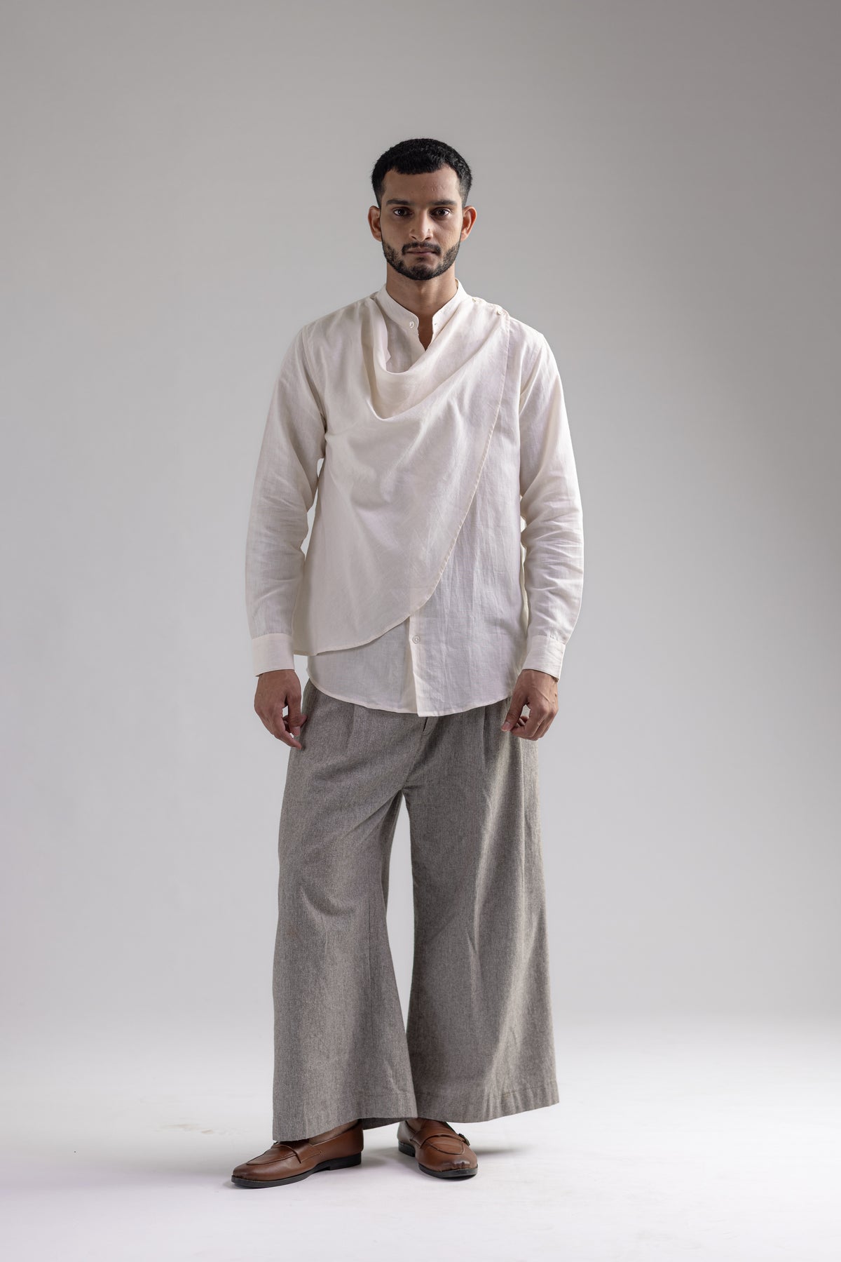 Cowl Shirt - Men - White - Cotton Linen, front 03