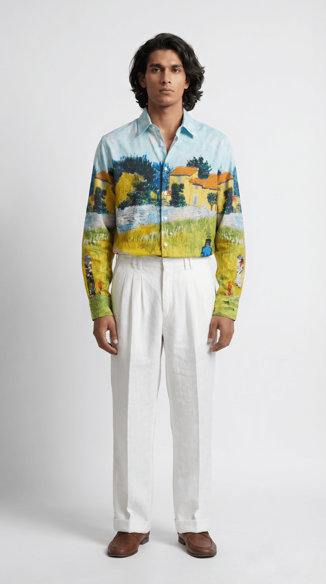 Farmhouse in Provence Shirt Men | Cotton | Linen | Blue - Naymish Designs