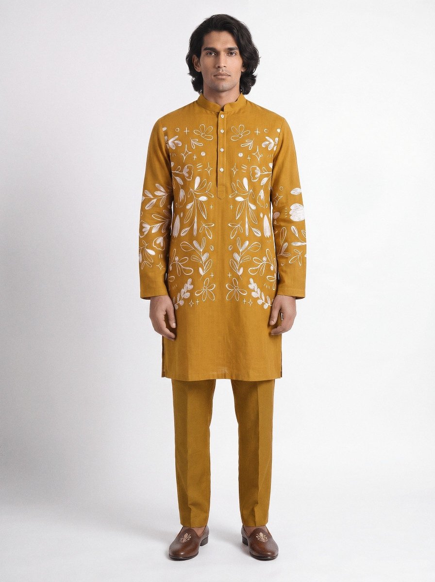 Flowerchild Kurta - Men - Ochre Yellow - Cotton Satin - Naymish Designs
