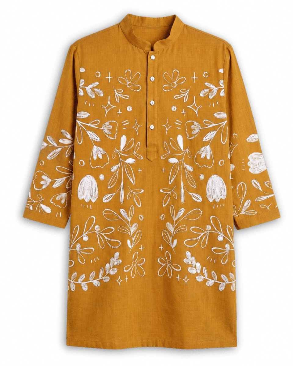 Flowerchild Kurta - Men - Ochre Yellow - Cotton Satin - Naymish Designs
