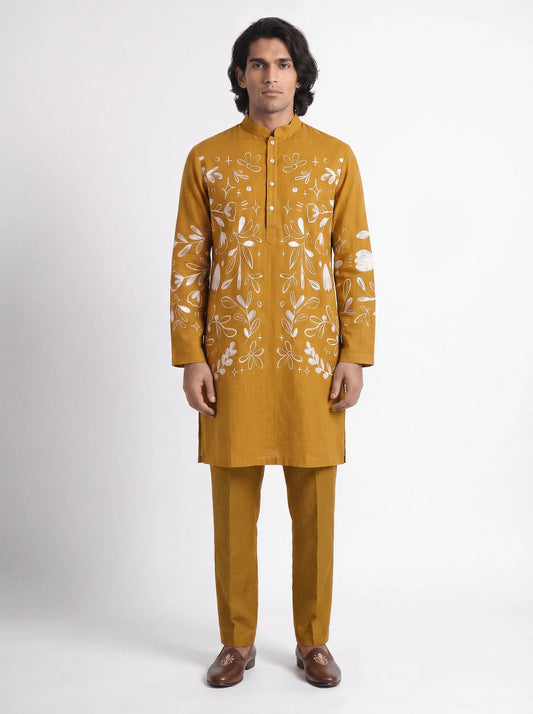 Flowerchild Kurta - Men - Ochre Yellow - Cotton Satin - Naymish Designs