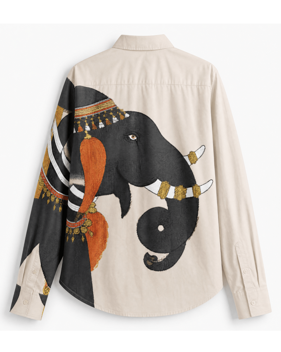 Gaj Elephant shirt for men in ivory Giza cotton, flat back view with a large elephant illustration
