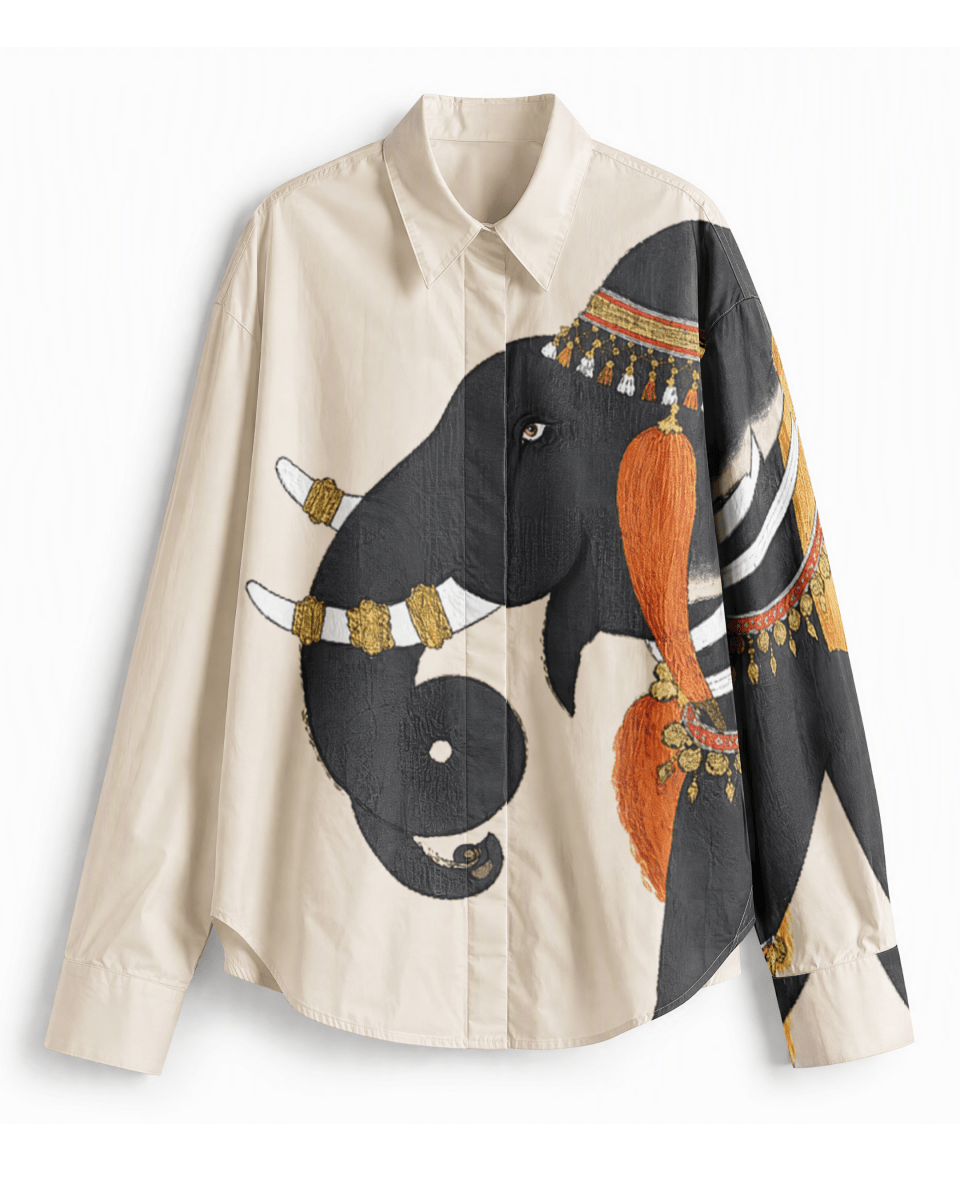 Gaj Elephant shirt for men in ivory Giza cotton, flat front view with a large elephant illustration