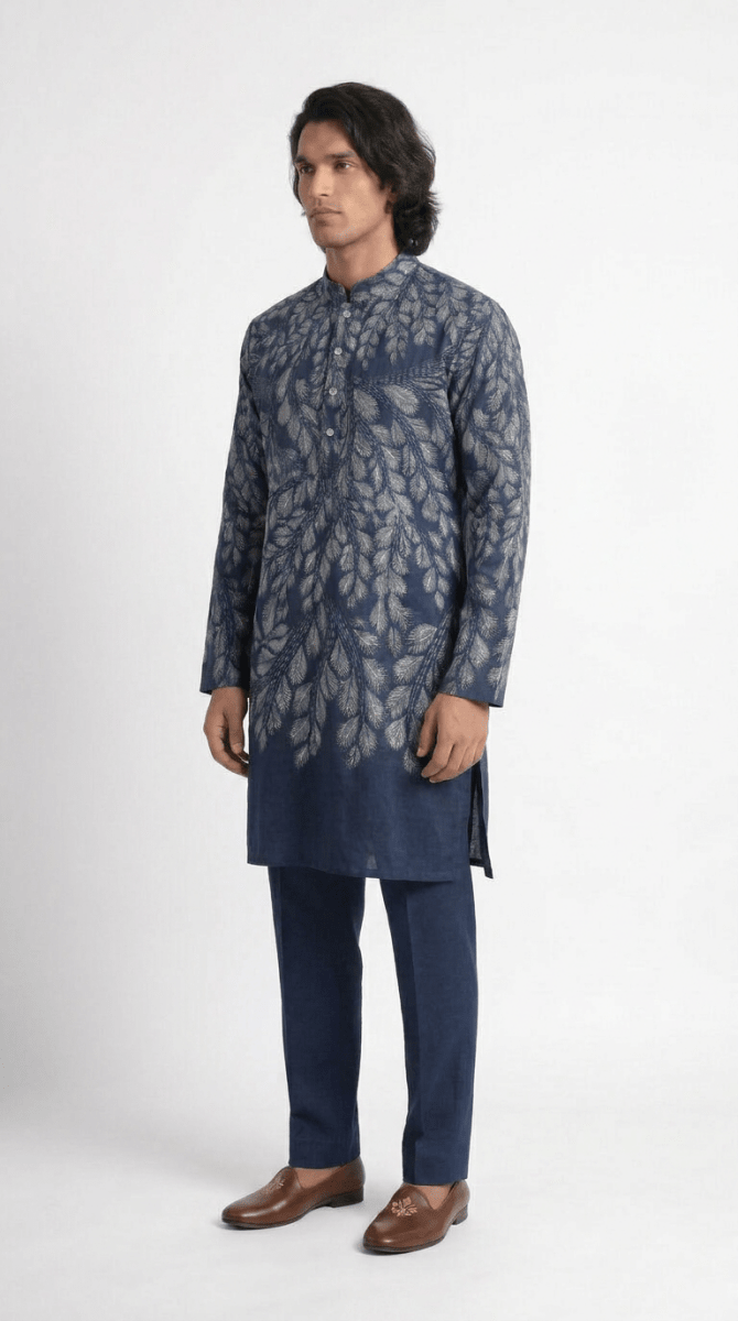 Gond Leaf Kurta Men - Blue - Naymish Designs