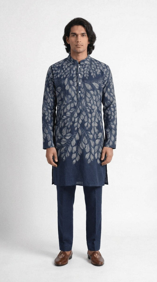 Gond Leaf Kurta - Men - Blue - Cotton Satin - Naymish Designs