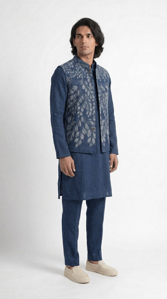 Gond Leaf Nehru Jacket - Men - Blue - Cotton Satin - Naymish Designs