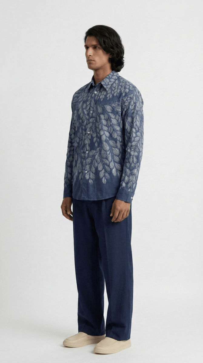 Gond Leaf Shirt Men - Blue - Naymish Designs