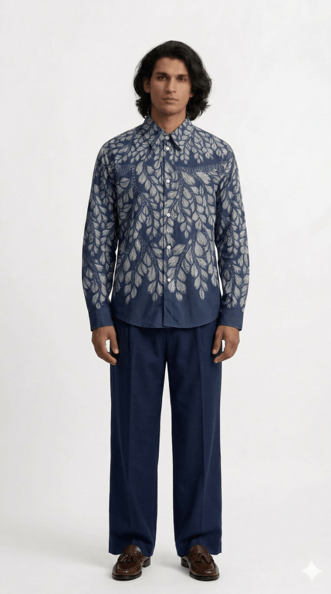 Gond Leaf Shirt Men - Blue - Naymish Designs