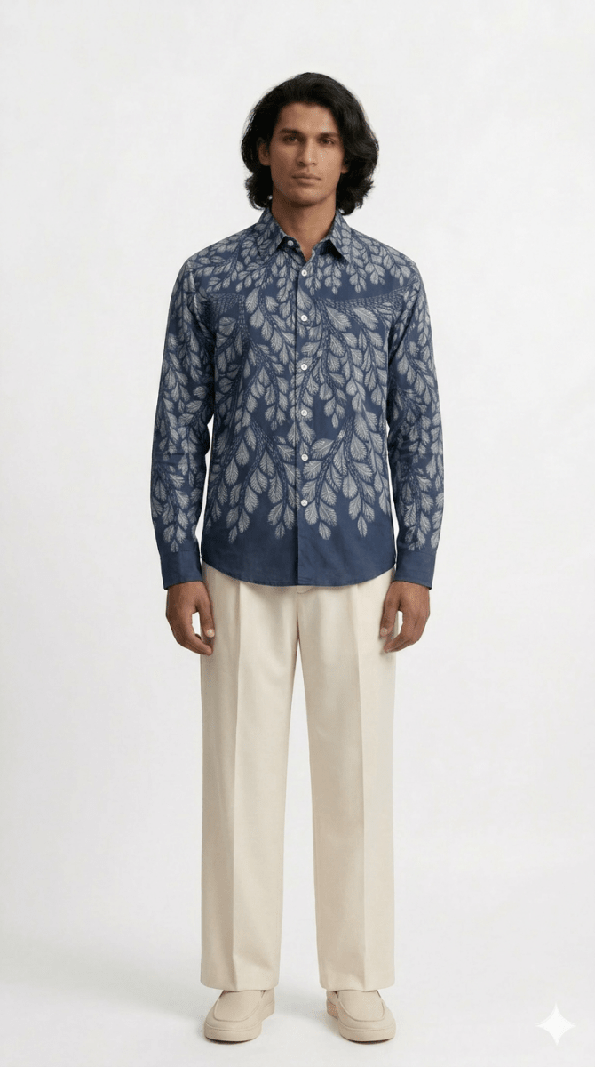 Gond Leaf Shirt Men - Blue - Naymish Designs